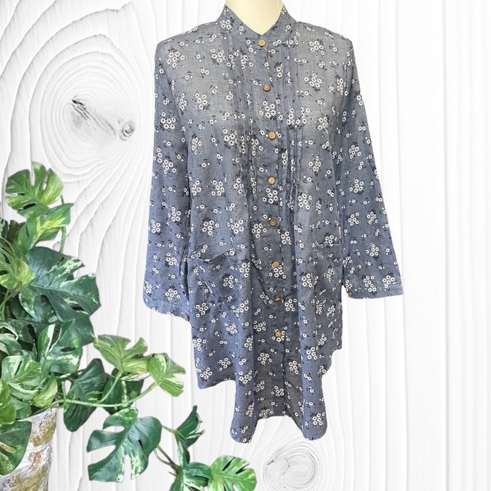 Women’s Pintuck Button Up T-Shirt, Long Sleeve, Floral, Size XXL, Blue